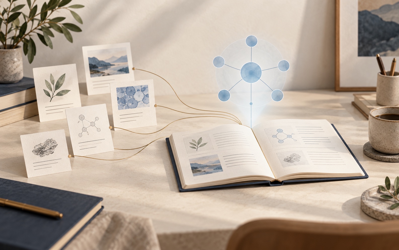 Source cards connected to an open workbook, showing scattered knowledge becoming a reusable lesson.